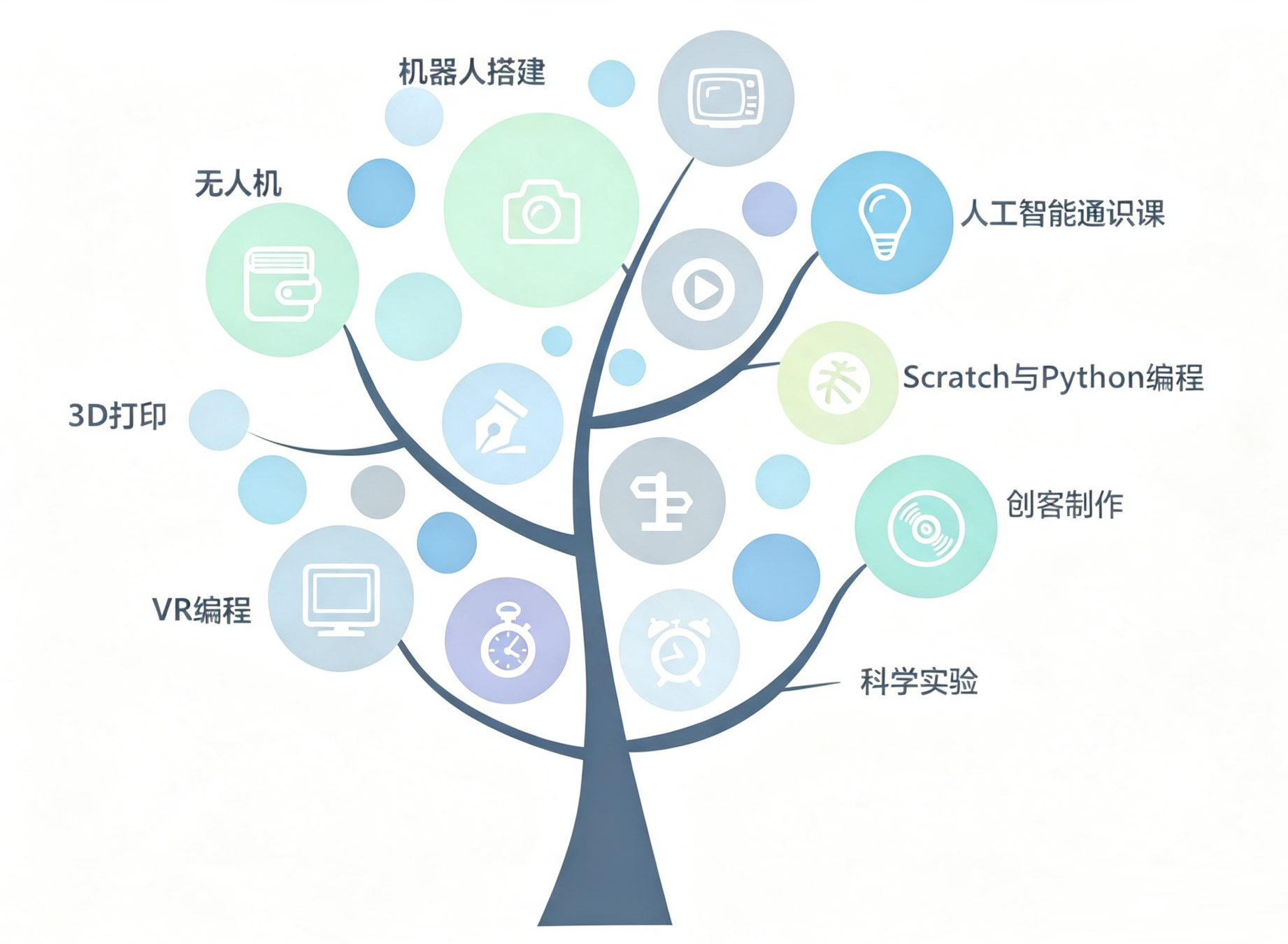 课程知识树：机器人、编程、创客、科学实验、VR、3D打印、无人机等